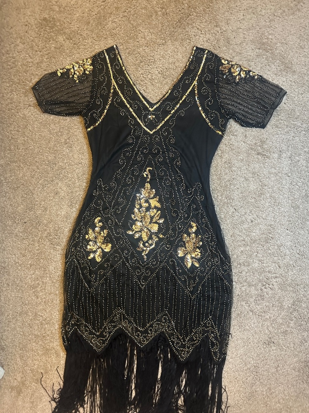 Women's Black and Gold Beaded Fringe Dress